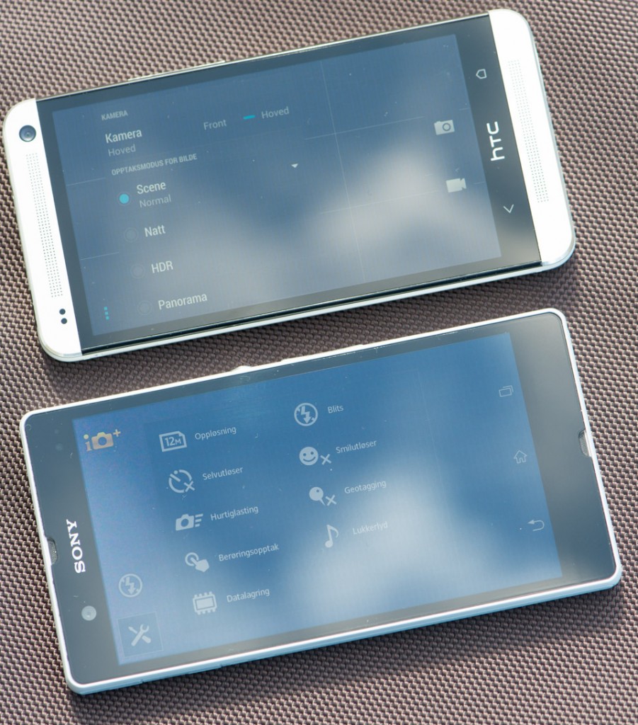 HTC One og Sony Xperia Z ute i sollys