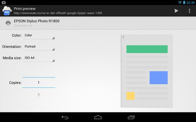 Skriveroppsett i Google Cloud Print for Android