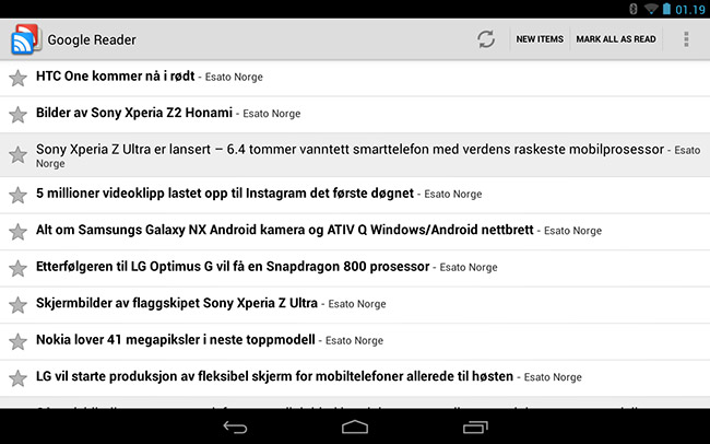 Google Reader skjermbilde nettbrett